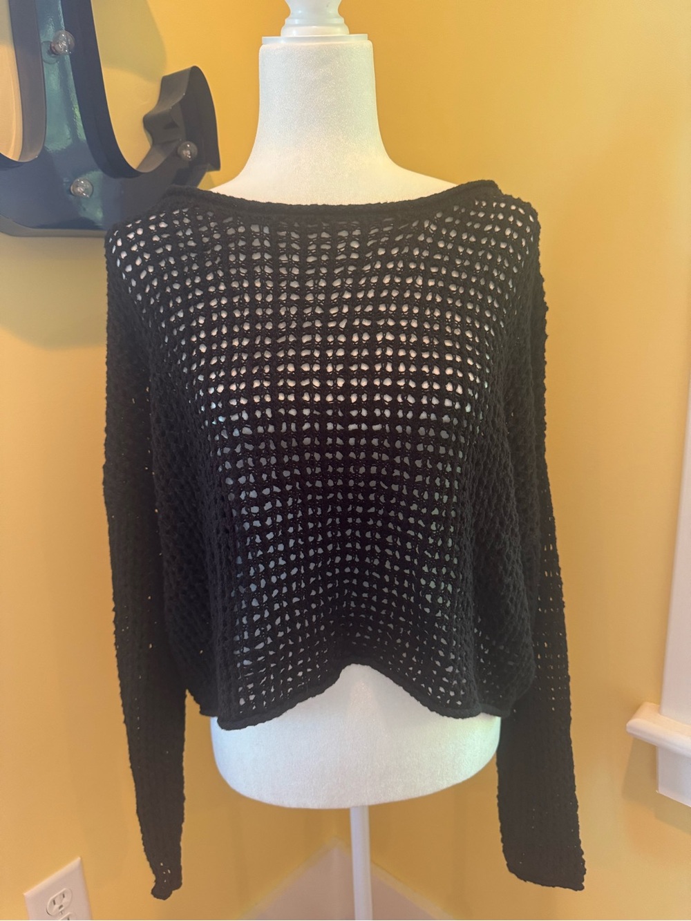 miami Black Open-Weave Crewneck Sweater